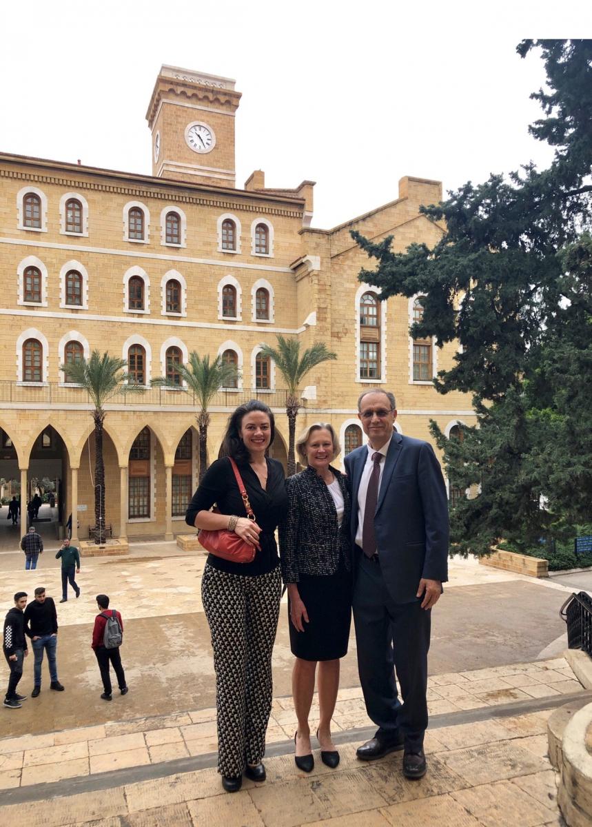 Ms. Allison Dvaladze, Dr. Julie Gralow, and Dr. El Saghir touring the AUB campus.